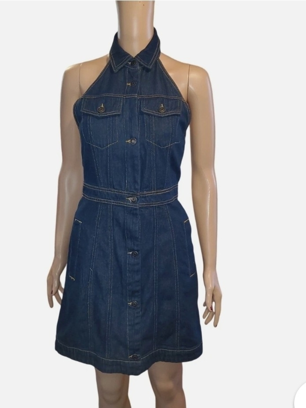 Future Collective Size 14 Dark Denim Halter Button-Front Dress